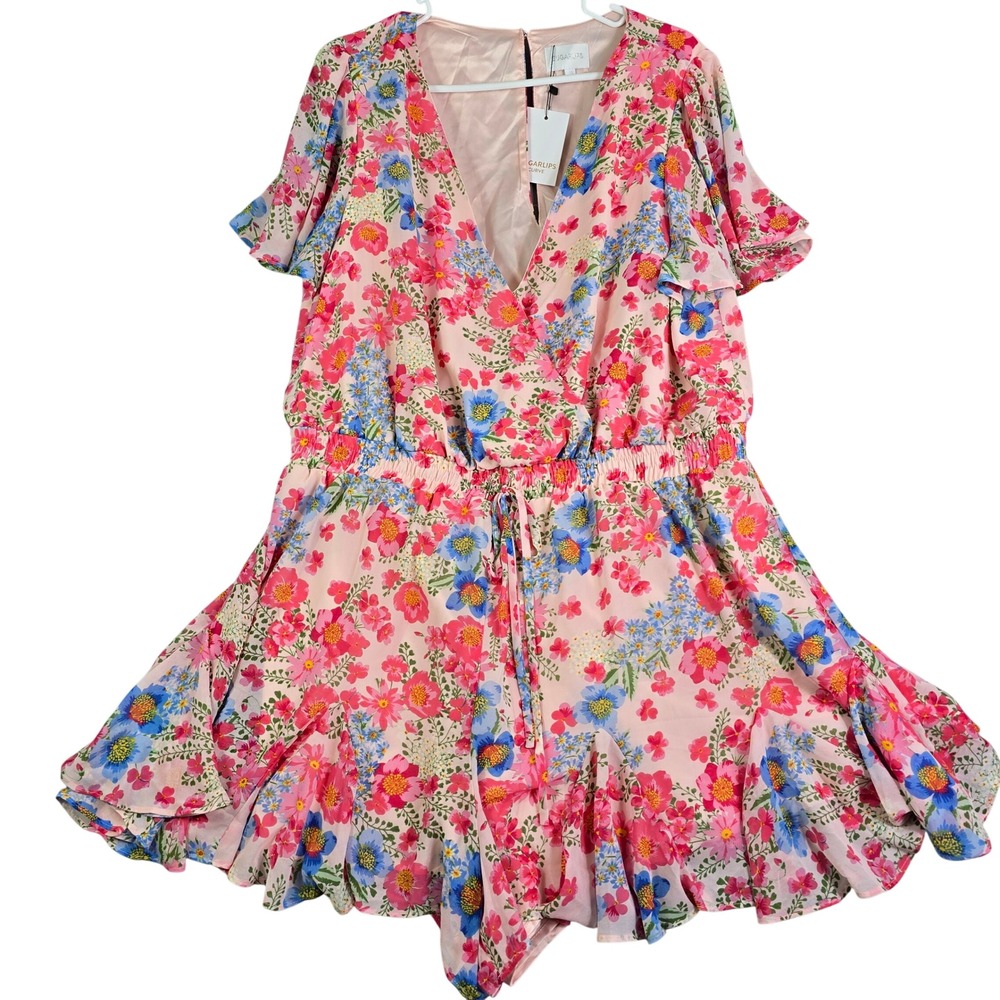 Sugarlips Floral Romper Women 2X Pink V-Neck Ruffle Boho Cottage Western Lined